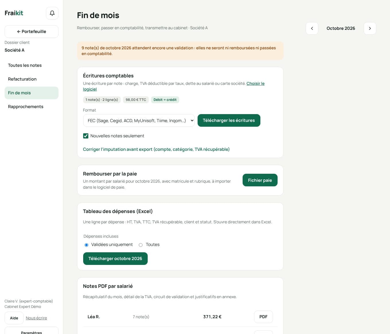 Écritures du mois d'un client : contrôle débit et crédit, justificatifs, format du logiciel du cabinet