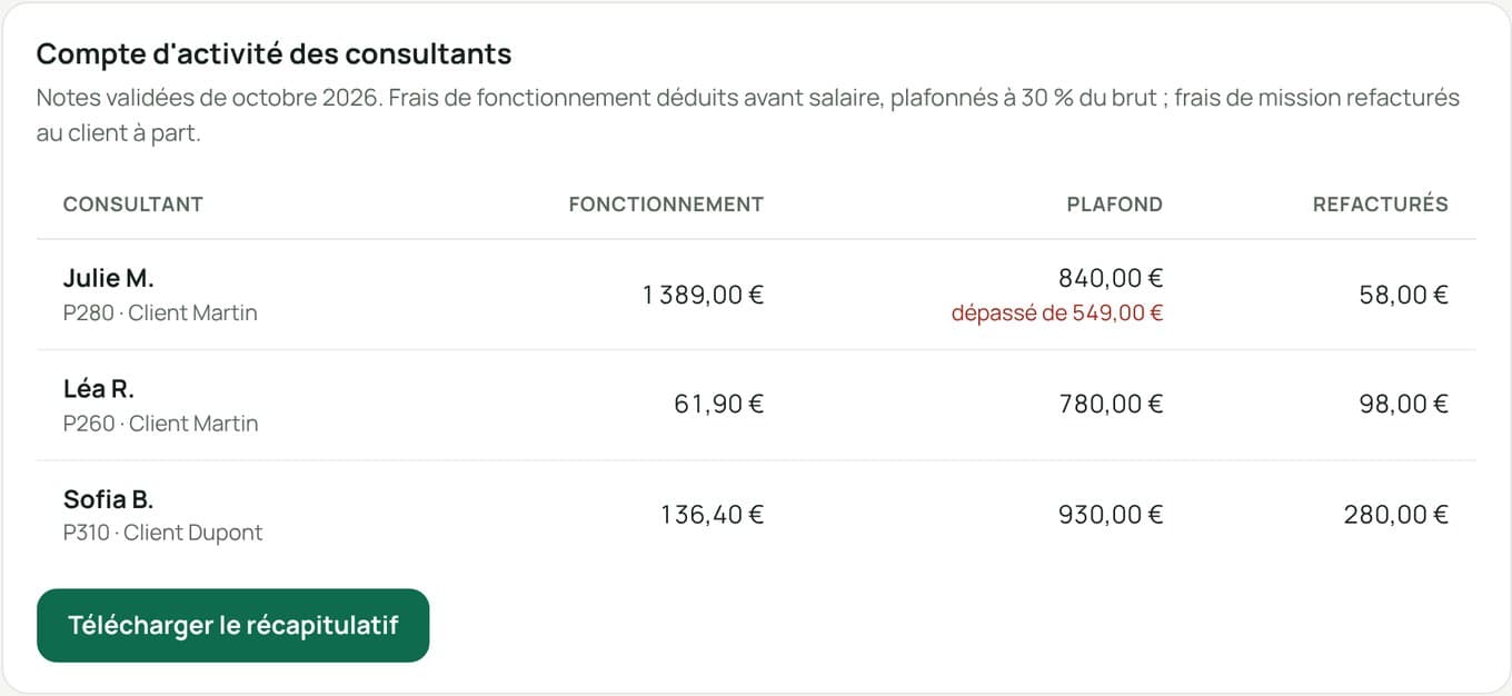 Compte d'activité des consultants portés : frais de fonctionnement, plafond en % du brut, frais refacturés par client