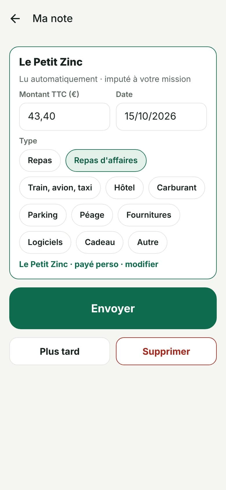 Ticket lu automatiquement : montant, date et type déjà remplis