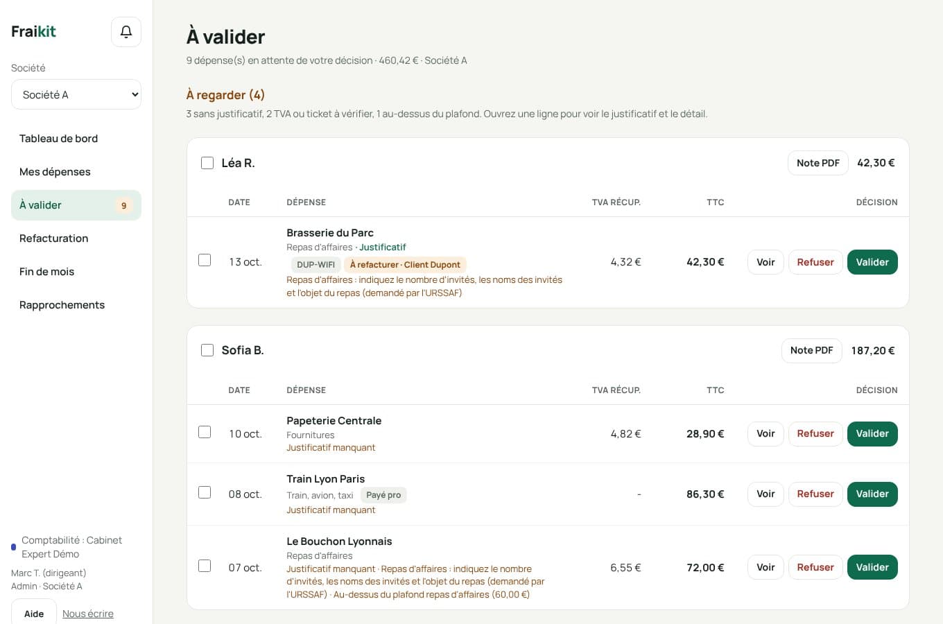 Écran de validation : les notes conformes se valident d'un clic, les anomalies sont expliquées
